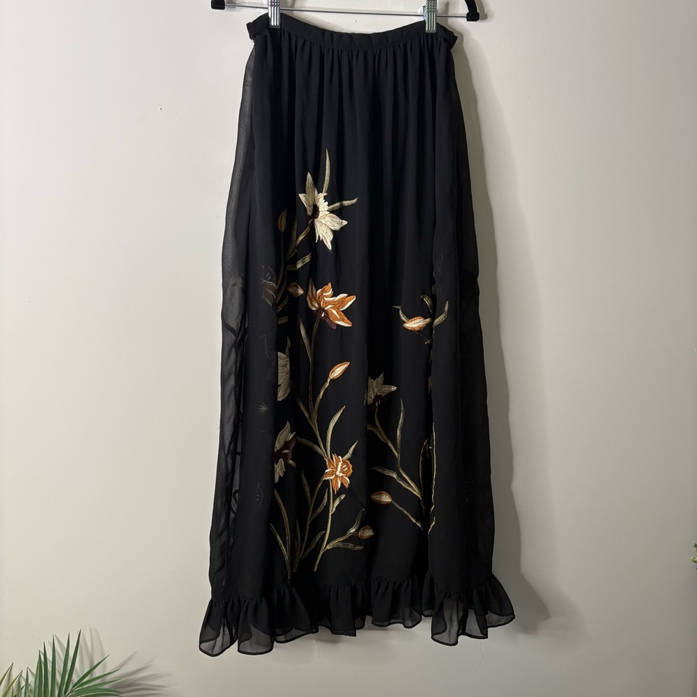 Anthropologie Varun Bahl Floral Embroidered Maxi Black Skirt - Picture 4 of 5
